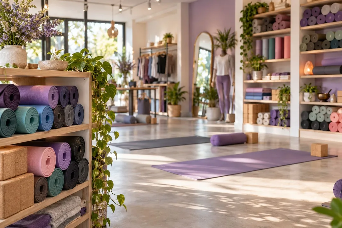 Ba tấm thảm yoga TPE hai lớp nhiều màu cuộn tròn xếp cạnh nhau trên kệ gỗ