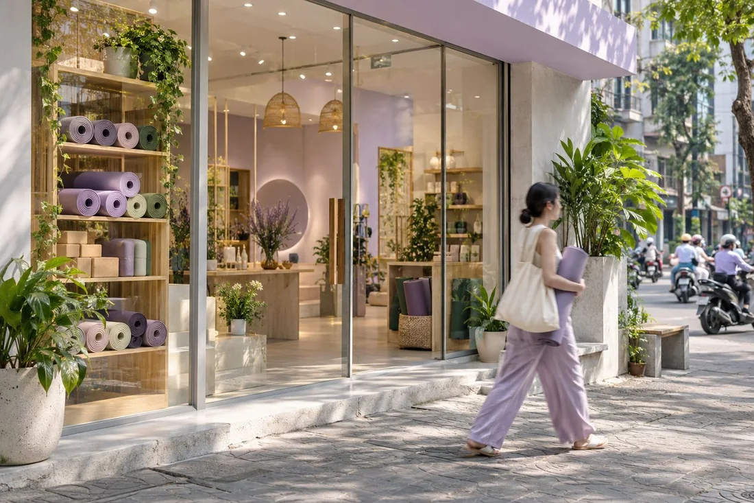 Tấm thảm cao su cuộn tròn gọn gàng, mặt tập hướng ra ngoài, đặt trên kệ trong góc phòng mát